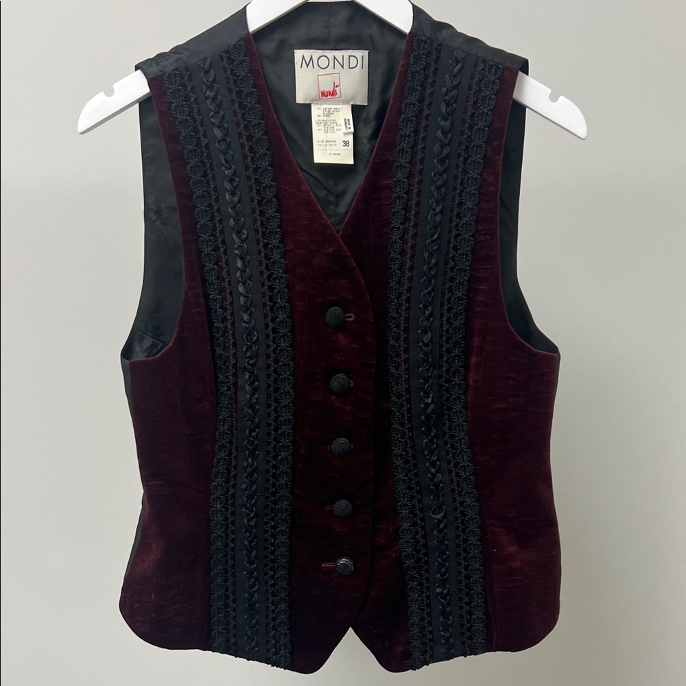 Mondi Vintage Deep Red Velvet Vest with Black Appliqué Accents